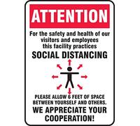 Accuform Safety Sign "ATTENTION - FOR THE SAFETY AND HEALTH OF OUR CUSTOMERS AND EMPLOYEES THIS FACILITY PRACTICES SOCIAL DISTANCING (figure w/arrows)", Plastic, 10" X 7", MGNG902VP
