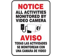 Accuform SBMASE813VP Plastic Spanish Bilingual Sign, Legend "NOTICE ALL ACTIVITIES MONITORED BY VIDEO CAMERA/AVISO TODAS LAS ACTIVIDADES SE MONITOREAN CON UNA CAMARA DE VIDEO" with Graphic, 10" Length x 7" Width x 0.055" Thickness, Red/Black on White