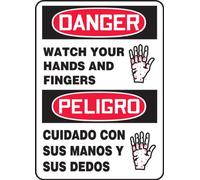 Accuform SBMEQM030XT Spanish Bilingual Legend"DANGER WATCH YOUR HANDS AND FINGERS" Sign, 14" Height, 10" Wide, 14" Length, 0.060" Thickness, Dura-Plastic, Red/Black on White