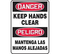 Accuform SBMEQM050XV Spanish-Bilingual Adhesive Dura-Vinyl Sign, Legend"DANGER KEEP HANDS CLEAR", 14" Length x 10" Width x 0.006" Thickness, Red/Black on White