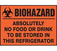 Accuform Signs LBHZ935VSP Safety Label, Legend"Biohazard - Absolutely NO Food OR Drink to BE STORED in This Refrigerator" with Graphic, 3.5" x 5", Black on Orange-Red (Pack of 5)