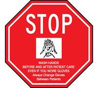 Accuform Signs LRST501VSP Safety Label, Legend "STOP - WASH HANDS BEFORE AND AFTER PATIENT CARE EVEN IF YOU WORE GLOVES ALWAYS CHANGE GLOVES BETWEEN PATIENTS" with Graphic, 4" x 4", White/Black on Red (Pack of 5)