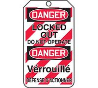 Accuform TMF210PTM Lot de 5 étiquettes de sécurité multilingues en plastique RP, Légende "DANGER LOCKED OUT DO NOT OPERATE" Longueur 5,75 cm Largeur 3,25 cm Épaisseur 0,015 cm Rouge/Noir sur blanc