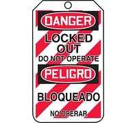 Accuform TMS238PTM Lot de 5 étiquettes de sécurité bilingue en plastique RP, légende "DANGER LOCKED OUT DO NOT" Longueur 5,75 cm Largeur 3,25 cm Épaisseur 0,015 cm Rouge/noir sur blanc