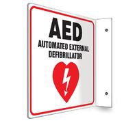 AccuformNMC "AED Automated External Difibrillator" 90D Projection Sign, 8" x 8" High-Impact Plastic, Red/Black on White, PSP721, American Made Safety Tags, Signs, and Labels