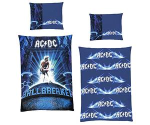 ACDC Rock Parure de lit AC/DC avec Housse de Couette Bleu 135 cm x 200 cm + 80 cm x 80 cm 100% Coton renforcé Qualité linon Bon Scott Malcom Young Dave Evans Axl Rose Taille Allemande