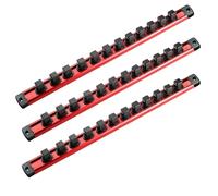ACEBON Lot de 3 Rails à Douilles Magnétiques en Aluminium, 40cm - avec 36 Clips Rotatifs Rouges pour 1/2" - Organisateur de Douilles pour Garage et Atelier
