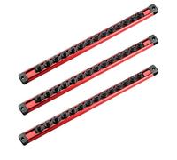 ACEBON Lot de 3 Rails à Douilles Magnétiques en Aluminium, 40cm - avec 42 Clips Rotatifs Rouges pour 1/4" - Organisateur de Douilles pour Garage et Atelier