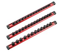 ACEBON Rail à Douilles Magnétique en Aluminium - Lot de 3 Rails 40cm | 43 Clips Rotatifs 1/4" (6.3mm) & 3/8" (10mm) & 1/2" (12.7mm) | Fixation Murale/Aimant/Pose | Pro Garage Fran
