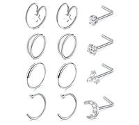 AceFun 12pcs 20G Piercing Anneau de Nez Double Cerceau 8mm/10mm Étoile Incurvée en Forme de L Goujons de Nez 0.8MM Nose Bar Nostril Piercing Diamant Cubic Zirconia Silver Heart Star Flower Moon 7MM