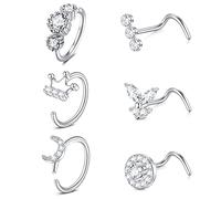 AceFun 20G Anneaux Nez Piercing Incurvé en Forme S Vis Goujons Nez Studs 0.8MM Barre De Nez Piercing Nostril Diamant Cubic Zirconia Gâteau Tasse Papillon Argent Coeur Étoile Fleur Lune Couronne 7MM