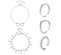 AceFun Bracelet de Cheville et Bague d'orteil Ensemble Chaîne de Plage en Argent Couches Infini Étoile Lune Pointe Perceuse Diamant Bleu Coeur Cloche Fleur Ouvert Réglable Bagues d'orteil Ensemble