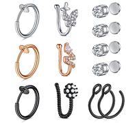 AceFun Lot de 6 à 20 faux anneaux de nez en acier inoxydable pour lèvre, oreille, nez, septum, sans perçage, anneaux de nez à clipser - Faux piercings, Métal