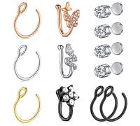 AceFun Lot de 6 à 20 faux anneaux de nez en acier inoxydable pour lèvre, oreille, nez, septum, sans perçage, anneaux de nez à clipser - Faux piercings, Métal