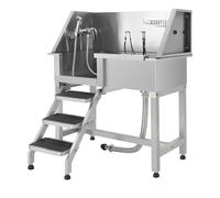 Acekool bac à Laver de toilettage Professionnelle pour Chiens - Station de Bain INOX 34" réglable, Rampe antidérapante, Porte coulissante Gauche, escalier, Accessoires - Idéale pour Petits, Moyens et