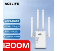ACELIFE Répéteur Wi-Fi double bande AC 1200Mbps-2.5GHz et 5.8GHz avec 4 Antennes Externes, Wifi Extender Mini Puissant