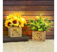 AceList Lot de 2 Fausses Plantes d'intérieur avec lumière LED Eucalyptus et Tournesol dans Une boîte en Bois, Plante Artificielle décorative d'intérieur en Pot, Fleur Artificielle dans Un Vase