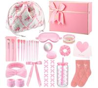 Acellegic Lot de 14 cadeaux d'anniversaire roses pour adolescentes âgées de 13 ans et plus, panier cadeau d'anniversaire pour elle, nœuds pour cheveux, trousse de maquillage avec cordon de serrage