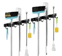 AceMining Accroche Balai Mural, 2 Pack 3 Supports + 4 Crochets Noir Porte Balais Mural, Support Balais Mural, Porte Balais Mural Sans Percage, Rangement Balai, Attache Balai Mural