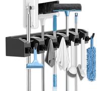 AceMining Balai Mural, Porte Balais Mural avec 5 supports et 6 crochets, porte-outils de jardin, en plastique ABS, épais et durable, Serrage à vis, pour maison cuisine garage (Noir, 1 PACK)