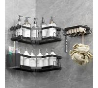 AceMining Rangement Salle de Bain, 4 Pcs Noir (SM+2) Etagere Salle de Bain Accessoire sans Percage, Acier au Carbone Etagere Douche avec Adhésif, Rangement Douche