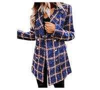 ACemt Blazer à carreaux en laine pour femme - Blazer long pour femme à carreaux - Veste d'hiver en laine - Manteau blazer à manches longues - Mode - Longueur genou - Manteau à boutonnage simple -