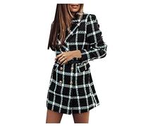 ACemt Blazer à carreaux en laine pour femme - Blazer long pour femme à carreaux - Veste d'hiver en laine - Manteau blazer à manches longues - Mode - Longueur genou - Manteau à boutonnage simple -