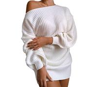 ACemt Pull en tricot pour femme - Robe courte sexy - Robe d'hiver à manches longues - Robe portefeuille - Épaules dénudées - Avec ceinture - Mini robe cintrée - Doux - Couleur unie - Robe d'automne -