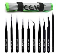 ACENIX Lot de 10 pinces professionnelles ESD antistatiques en acier inoxydable avec spudger en nylon noir à pointe incurvée pour électronique, bijoux, travail, loisirs