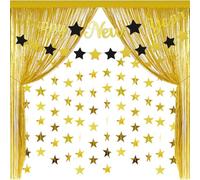 AceOrbit Bannière « Happy New Year » - Guirlande noire et dorée - Toile de fond à suspendre - Bannière à suspendre - Pas de bricolage pour le réveillon du Nouvel An - Fournitures de fête