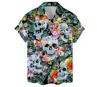 ACEPrints Chemise hawaïenne pour homme, chemise boutonnée décontractée pour homme, chemise hawaïenne à manches courtes boutonnée pour homme, Tête de mort et fleur, 4XL