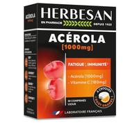 Acérola 1000 - Fatigue - Goût orange - Comprimés à croquer | Cure de 1 mois - 30 comprimés à croquer - Haute Concentration Vitamine C - Fabrication française - Herbesan