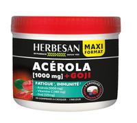 Acérola 1000, Goji - Fatigue - Goût fruité - Comprimés à croquer | Cure de 3 mois - 90 comprimés à croquer - Haute Concentration Vitamine C - Fabrication française - Herbesan
