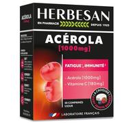 Acérola 1000 - Haute Concentration Vitamine C- Fatigue- Comprimés à croquer | Cure de 30 comprimés à croquer - Energie, vitalité - Goût fruits rouges - Fabrication française - Vegan - Herbesan
