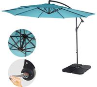 Parasol Déporté Semi-Pro Acerra, Protection Contre Le Soleil, 3m Inclinable Turquoise Avec Support Bleu