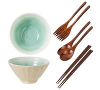 ACESOME Lot de 2 bols à ramen japonais en céramique de 1600 ml, bols à ramen japonais de 21 cm, bols à soupe avec cuillères, fourchettes et baguettes (vert clair)