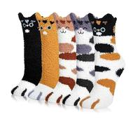 ACESOME Lot de 5 paires de chaussettes pour femme 36-40, chaussettes de chat mignonnes pattes de chat animal, hiver peluche épaisse polaire sommeil pantoufles douces chaussettes maison chaussettes