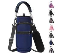 AceTreker Sac de transport isotherme en néoprène pour bouteille d'eau avec sangle et poignée en paracorde et 2 poches pour voyage, randonnée, camping, Format A2. Bleu foncé, 473 à 1 134 g