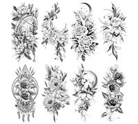 Acevegue 10 Feuilles Fleur Tatouage Ephemere, Bras Jambes Tatouage Autocollant Imperméable Pivoine Rose, 3D Réaliste Faux Tatouage Femme Sexy Esquisser