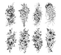 Acevegue Tatouage Ephemere Femme, 10 Feuilles Fleurs de Bras Autocollant Tatouage Jambes Pivoine Rose, Imperméable 3D Pivoine Serpent Faux Tatouage Dames Esquisse