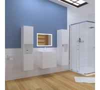 Acezanble Ensemble de meubles de salle de bain 60cm avec vasque en céramique + deux meubles hauts + miroir lumineux,Suspendu,Matte,Blanc