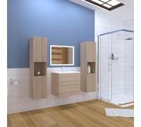 Acezanble Ensemble de meubles de salle de bain 79cm avec vasque en céramique + deux meubles hauts + miroir lumineux,Suspendu,Matte,Chêne