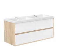 Acezanble Ensemble Meuble de Salle de Bain Suspendu 120cm avec Vasque, 4 Tiroirs, Blanc + Chêne, Prêt à Assembler