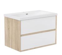 Acezanble Ensemble Meuble de Salle de Bain Suspendu 79cm avec Vasque, 2 Tiroirs, Blanc + Chêne, Prêt à Assembler