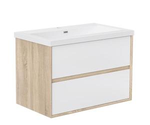 Acezanble Ensemble Meuble de Salle de Bain Suspendu 79cm avec Vasque, 2 Tiroirs, Blanc + Chêne, Prêt à Assembler