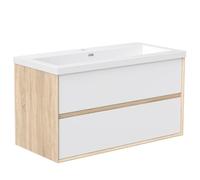 Acezanble Ensemble Meuble de Salle de Bain Suspendu 99cm avec Vasque, 2 Tiroirs, Blanc + Chêne, Prêt à Assembler