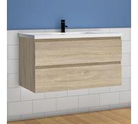 Acezanble Lavabo avec meuble sous vasque, à poser, en céramique, ensemble de meubles de salle de bains, Suspendu, Matte, Chêne, 99 cm
