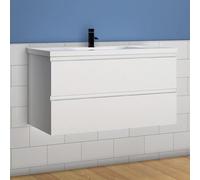 Acezanble Lavabo avec meuble sous vasque, à poser, en céramique, ensemble de meubles de salle de bains, Suspendu, Matte, blanc, 99 cm