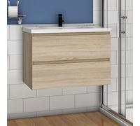 Acezanble Lavabo avec meuble sous vasque, à poser, en céramique, ensemble de meubles de salle de bains, Suspendu, Matte, Chêne, 79 cm