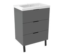 Acezanble Meuble Salle de Bain Anthracite Mat 60x38.5x85cm - 3 Grands Tiroirs et Vasque, MDF